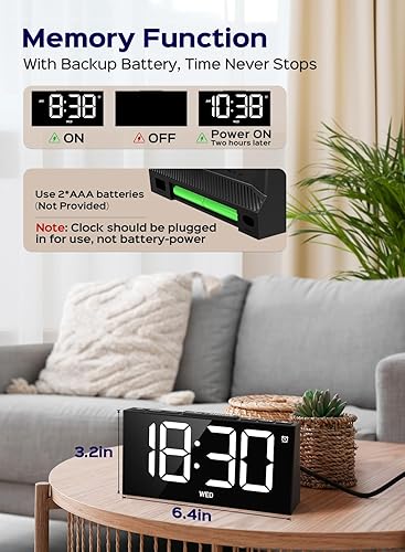 Miniatura 3 de GOLOZA Reloj despertador digital para dormitorios, reloj digital con 4 niveles de brillo + apagado, doble alarma personalizable, puerto USB, memoria
