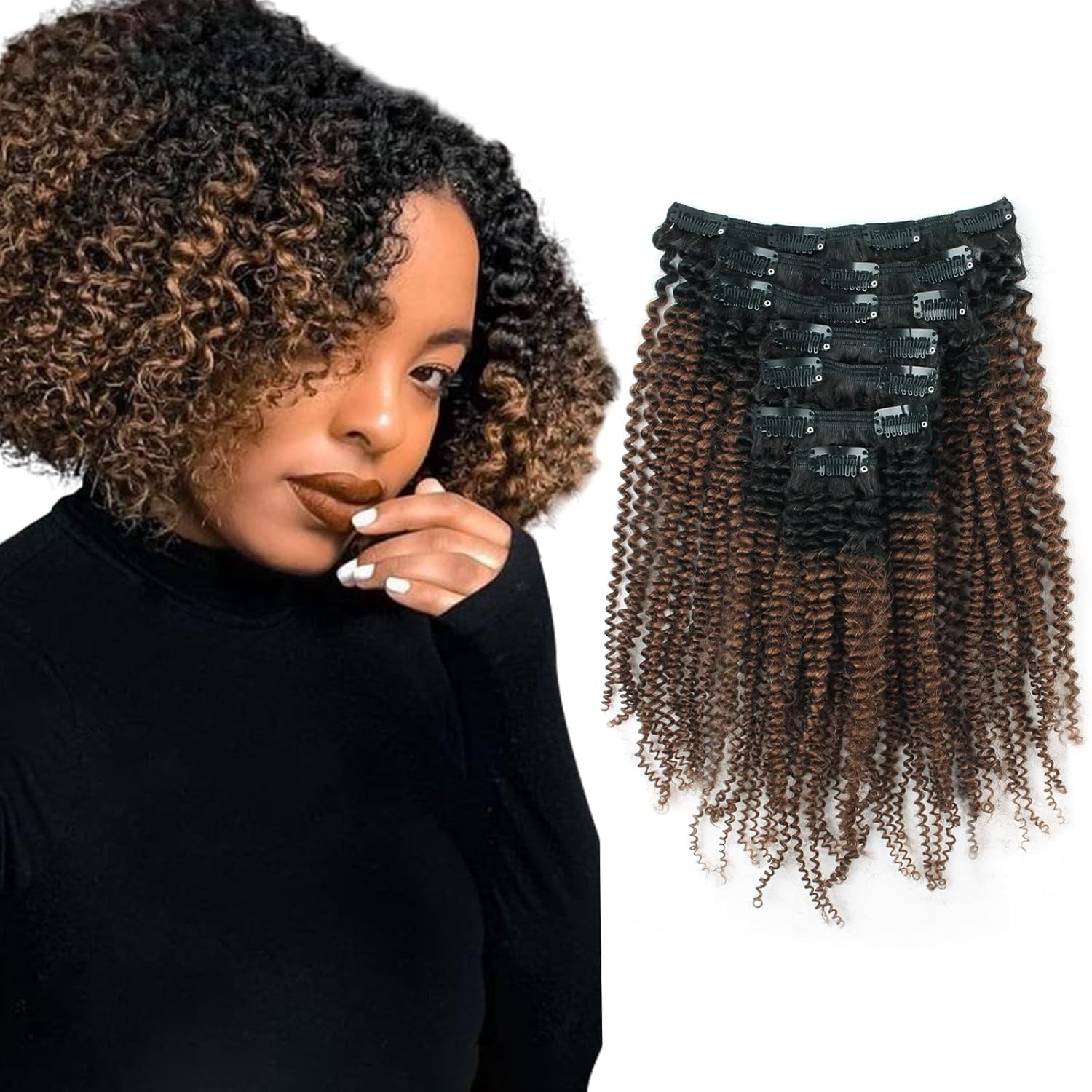 ABH AMAZINGBEAUTY HAIR Afro Kinky Curly Hair Extensions Clip in T#1B/4 Dark Brown 4a Clip in Hair Extensions for Black Women 14 Inch Afro Curly Hair Clip ins 4b Brazilian Virgin Human Hair 120G 7Pcs