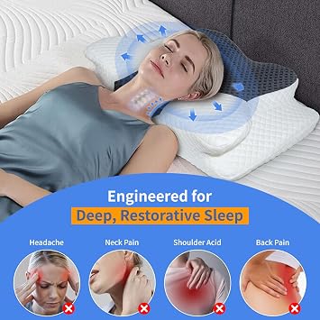 Cervical Pillow for Neck Pain Relief, Hollow Design Memory Foam Bed Pillow for Side & Back Sleepers, Ergonomic Contour Orthopedic Bed Pillow with Adjustable Support