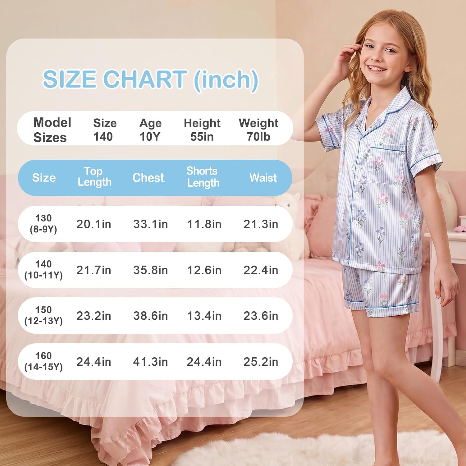 Basumee Girls Satin Pajamas Set, Silky Kids Sleepwear PJs for Teen 8-15Y | Two Piece Short Sleeve Girl Summer Pjs, Cool Smooth & Breathable, Button-Down, Elastic Waist, Easy Care for Loungewear, Party