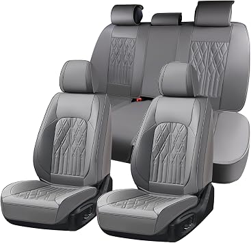 Huidasource Car Seat Covers Full Set, Leather Seat Cover Universal Fit for Most Cars Sedans SUVs Trucks, Airbag Compatible, Cup Holder Access, Easy Install, Wipes Clean, Wear-Resistant, Gray