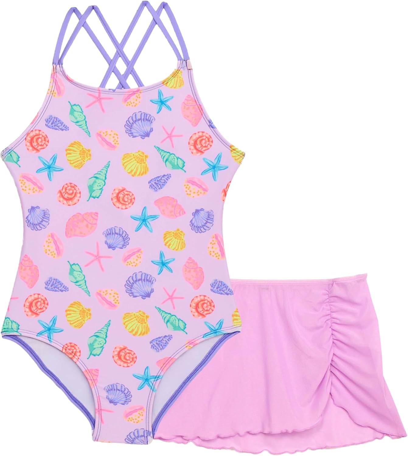Aqua Green Girls' X-Back One Piece Swimsuit with Mesh Sarong Coverup Skirt 2-piece Set