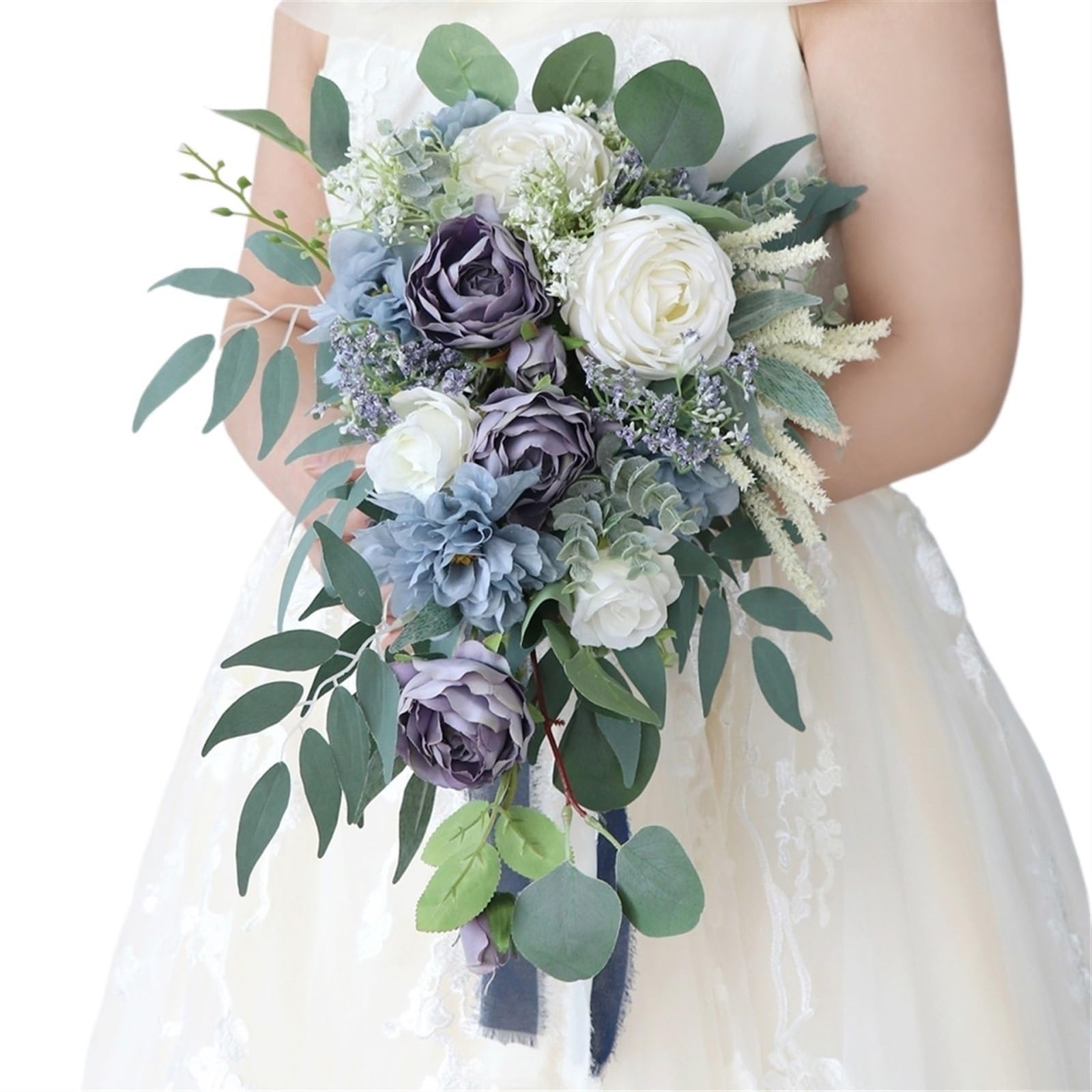 Bouquet Mariage Yelinart Bleu Poudré - Roses Artificielles Cascade Bohème
