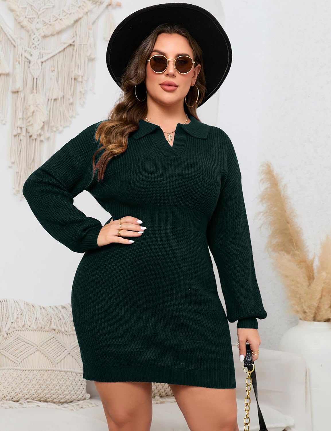 ShopWonder Women Plus Size V-neck Long Sleeve Knit Stretchable Elasticity Slim Sweater Bodycon Midi Pullover Sweater Dress - Image 4
