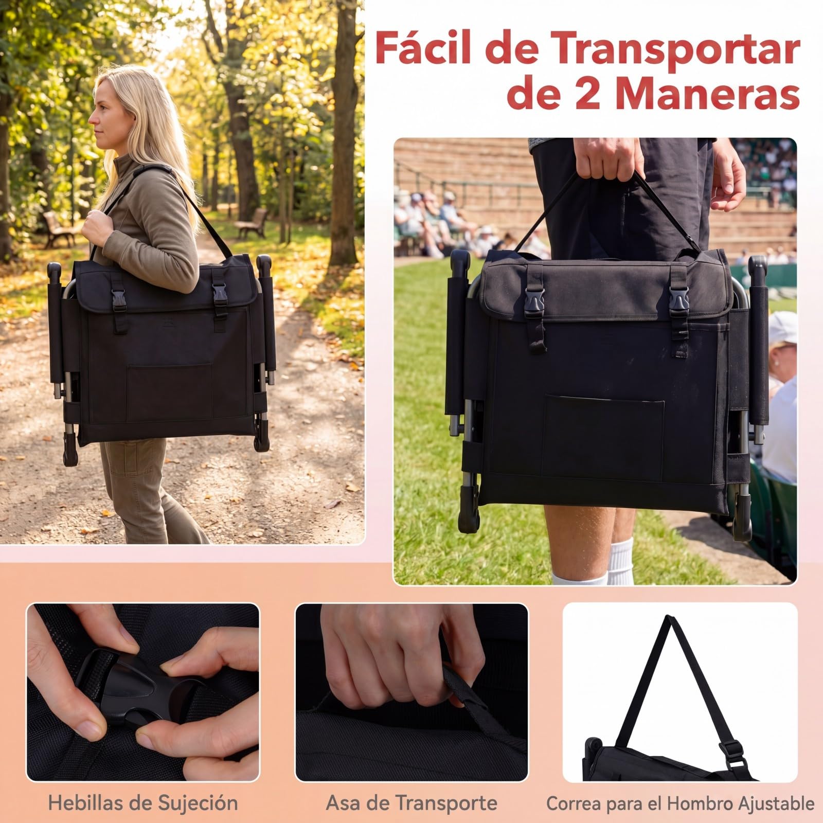 GOPLUS Silla de Estadio Portátil Plegable con Respaldo Acolchado, Reposabrazos, Asa de Transporte y Correa Ajustable,Portavasos y Bolsillos,Conjin de Exterior para Eventos (54x43x44 cm,Negro+Rojo)