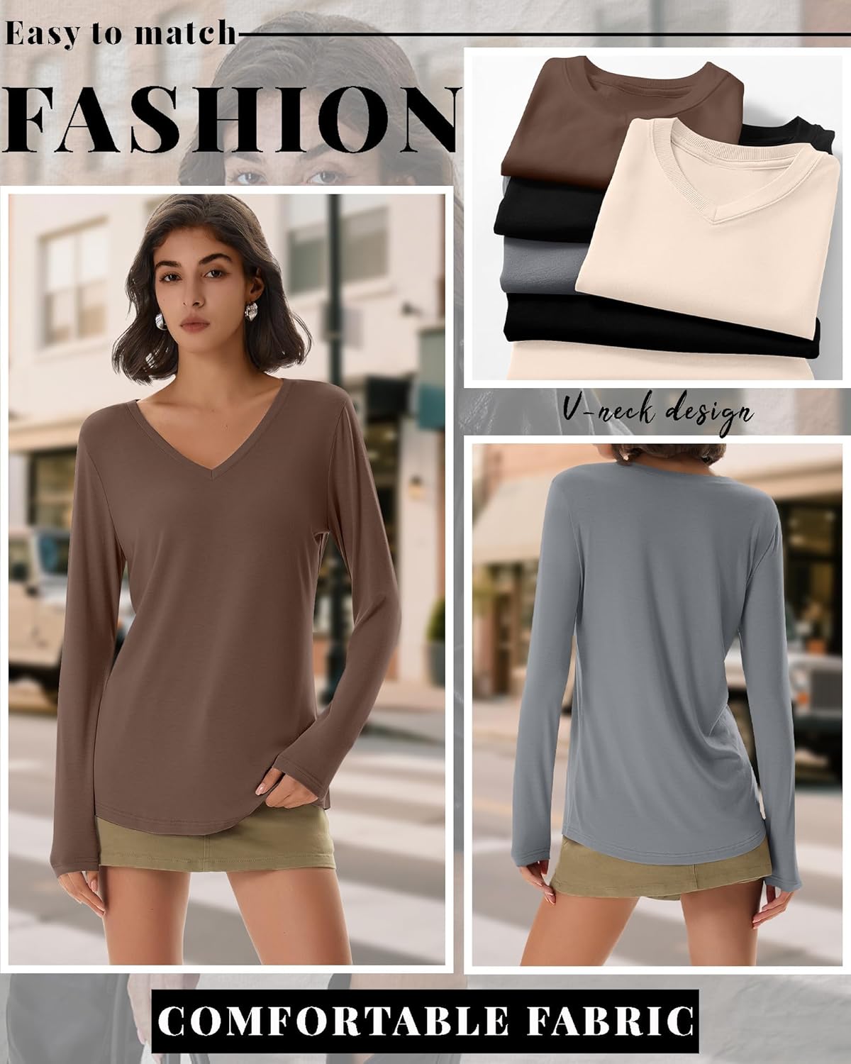 4 Pack Women's Long Sleeve T-Shirts V Neck Basic Tees Curved Hem Casual Tops Loose Fit Fall Outfits - Image 6