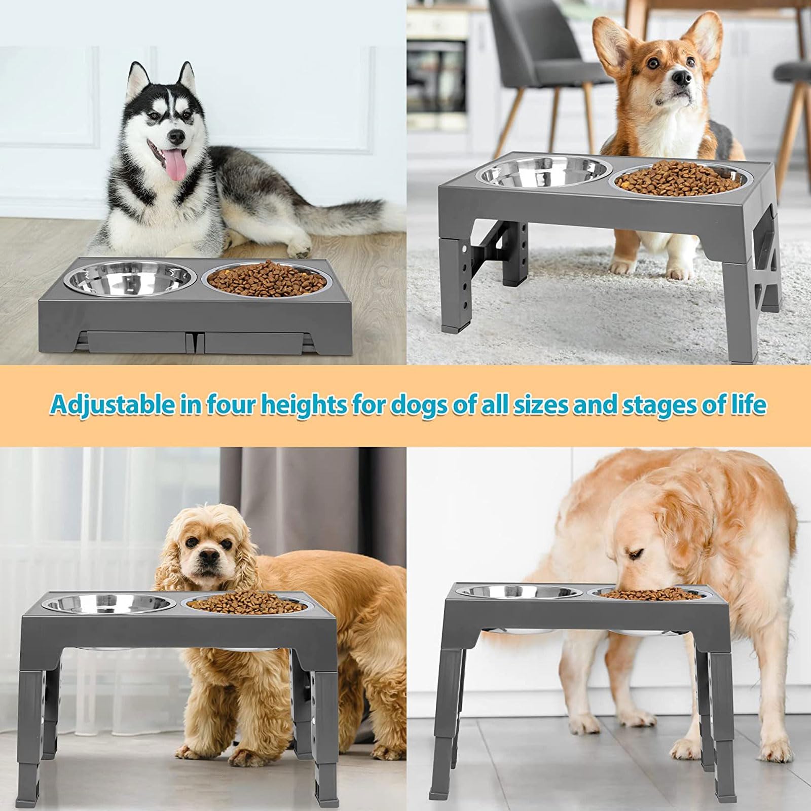 comederos para Mascotas, Comederos elevados for Mascotas, Soporte for comedero Elevado for Gatos, antivómitos, con 2 Cuencos Gruesos de Acero Inoxidable Antideslizantes.