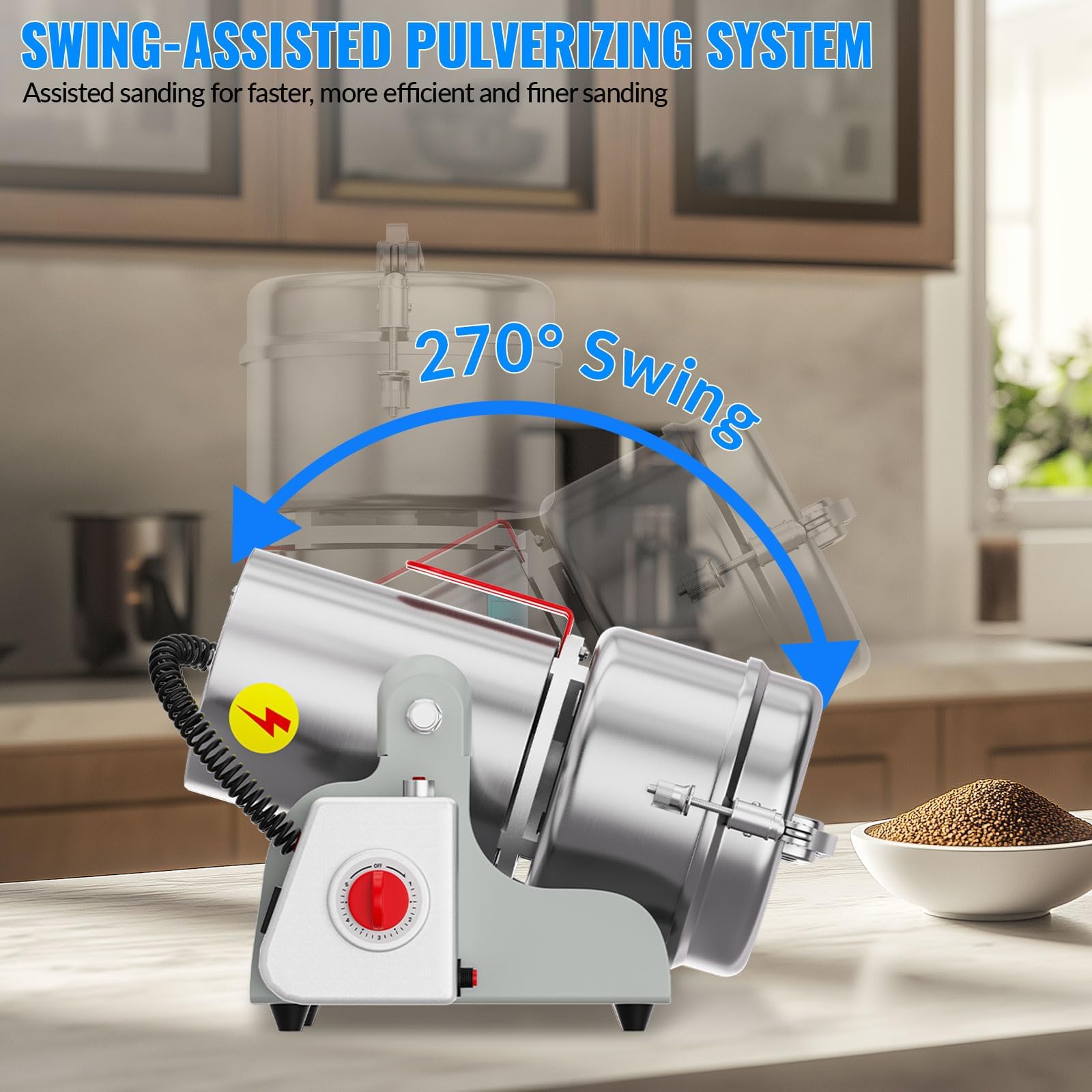 Elektryczny Młynek Do Zboża 3500w, 800g Młynek Do Przypraw | z 6 ostrzami, 32000 obr./min i oscylacją 270°, 50–300 mesh, timer 5 min i zabezpieczenie przed przeciążeniem(silver)