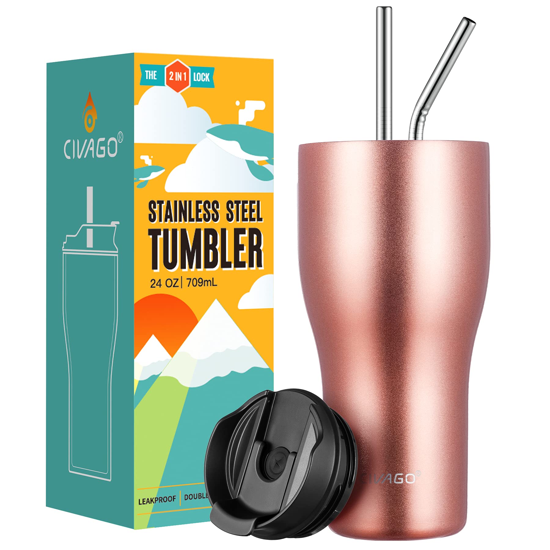 CIVAGO 24 oz Tumbler with Straw and Lid (2IN1 Lid), Stainless Steel