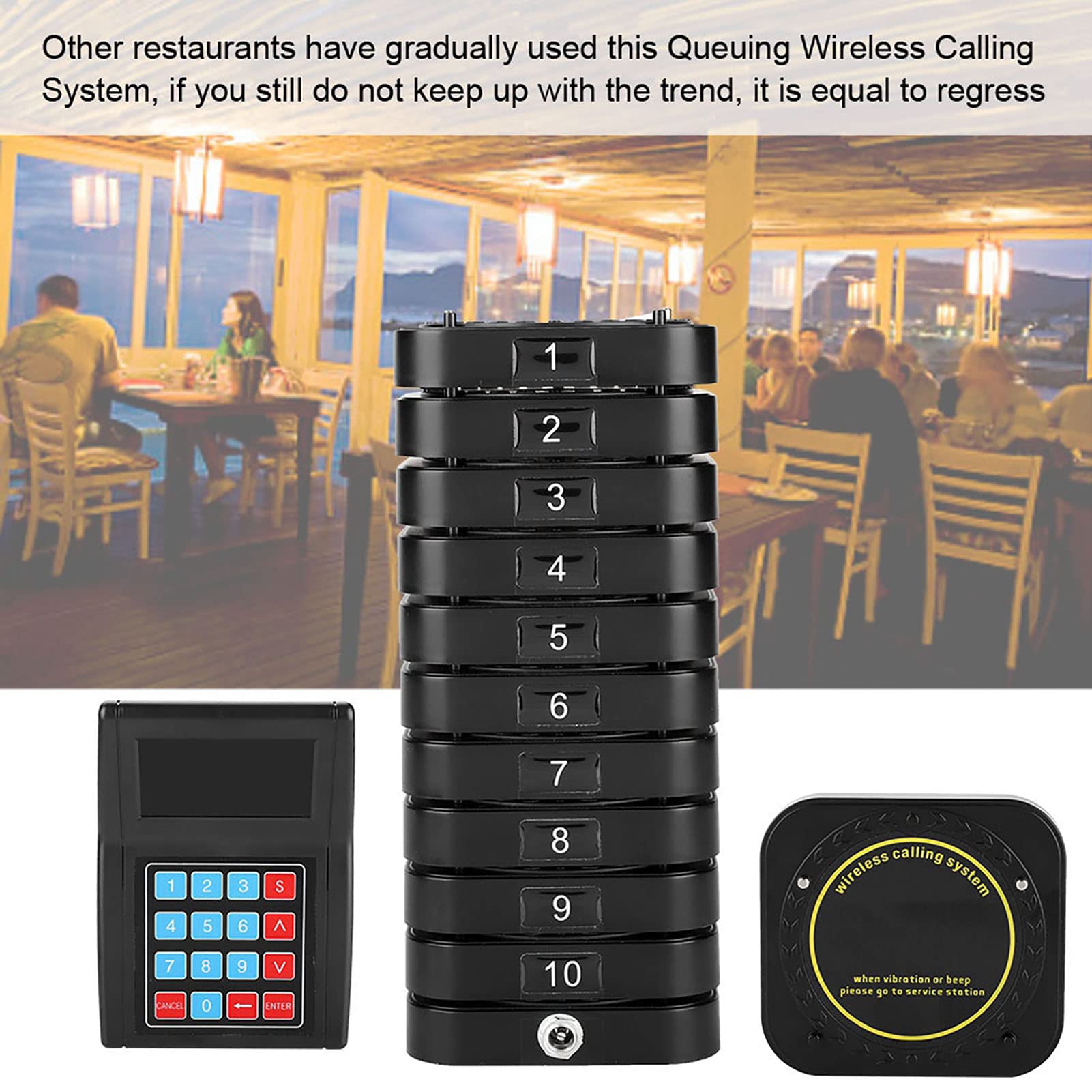ASHATA Cercapersone Wireless con Sistema,Sistema di Chiamata Ospite Wireless Professionale, 1 Trasmettitore + 10 Ricevitori Sistema di Cercapersone Conveniente per Caffetteria, Snack Bar ECC.(EU)