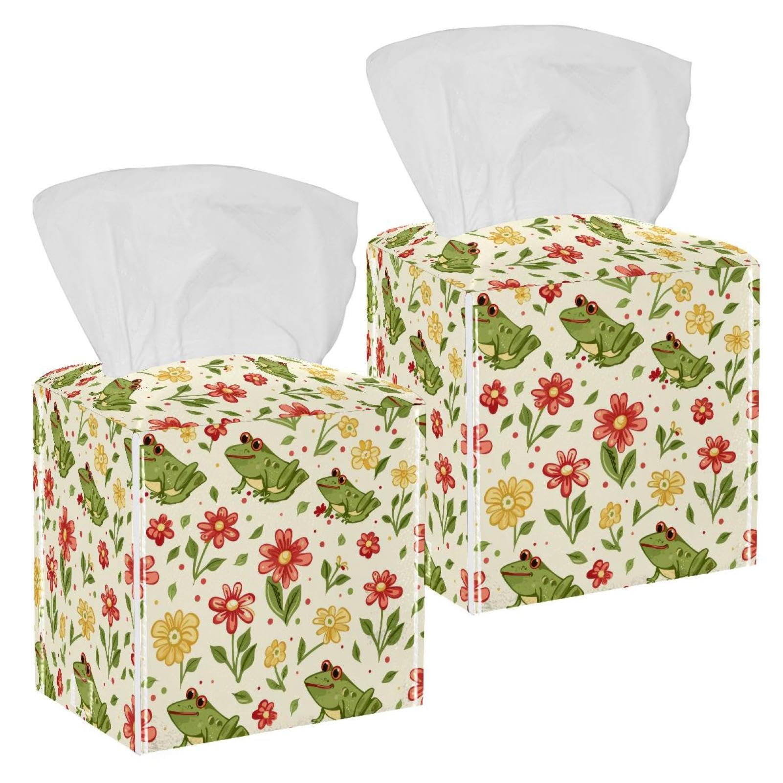 Frogs Floral Tissue Box Cover, 2 Pack PU Leather Square Facial Tissue Dispenser Box holder for Home Office Car