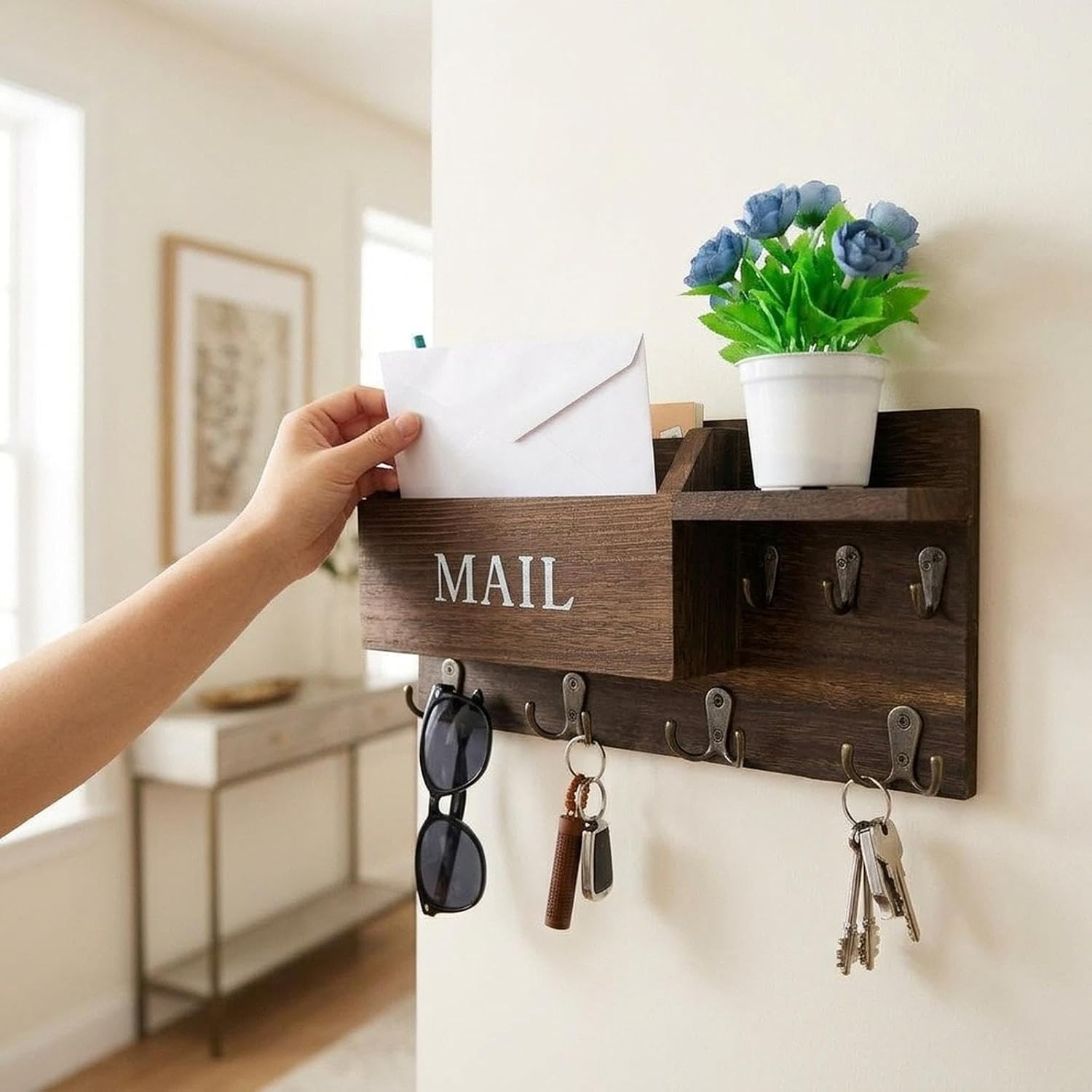Key Holder Wall Mounted, Wall Storage Rack, Rustic Multipurpose Key and Mail Holder for Hallway Dorm, Brown