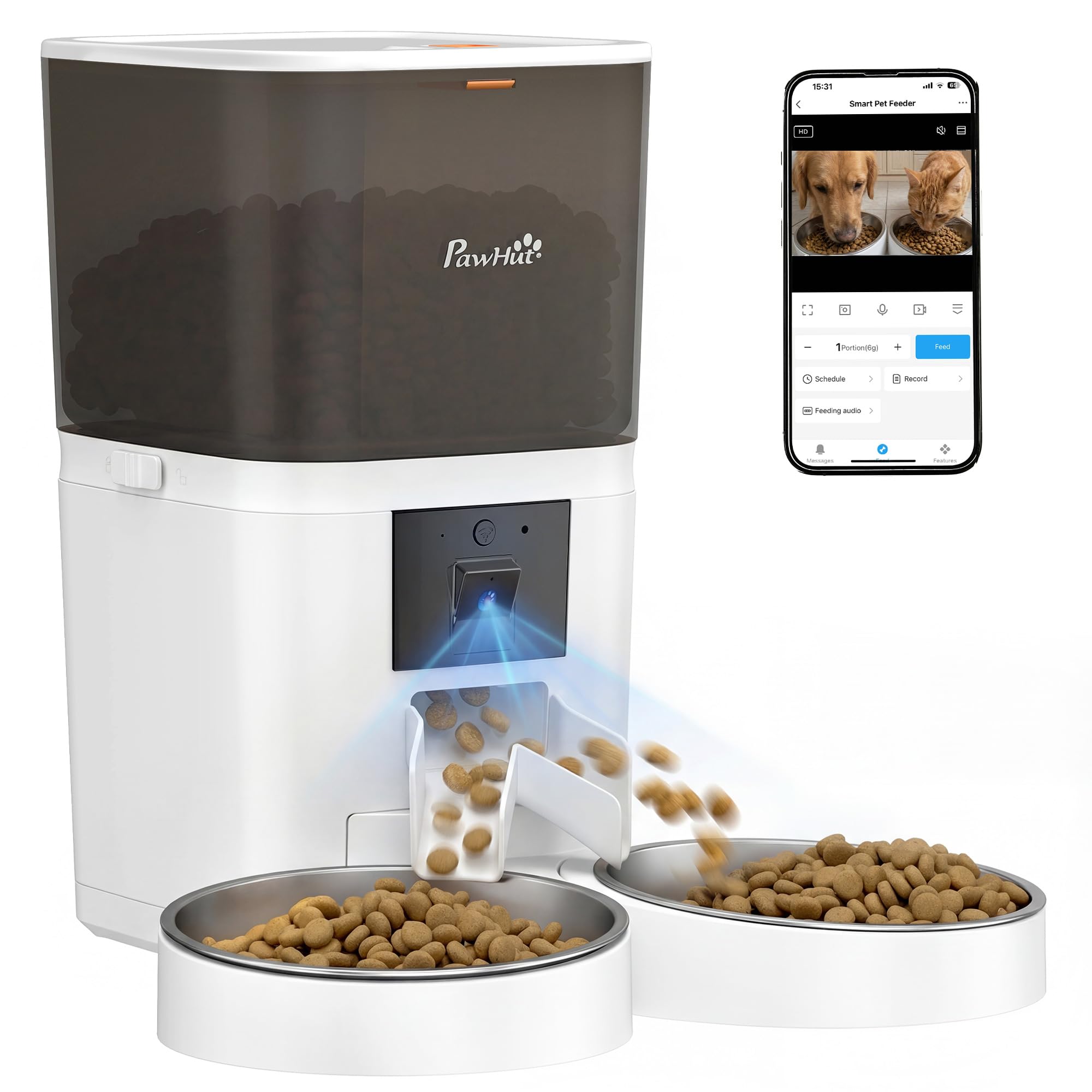 PawHut Automatic Cat Feeder with HD Camera for 2 Cats, 6L 2.4G/5G WiFi Smart Pet Food Dispenser with App Control, Timed Pet Feeder with 1-10 Meals Per Day, 10s Voice Recorder, Dual Power Supply