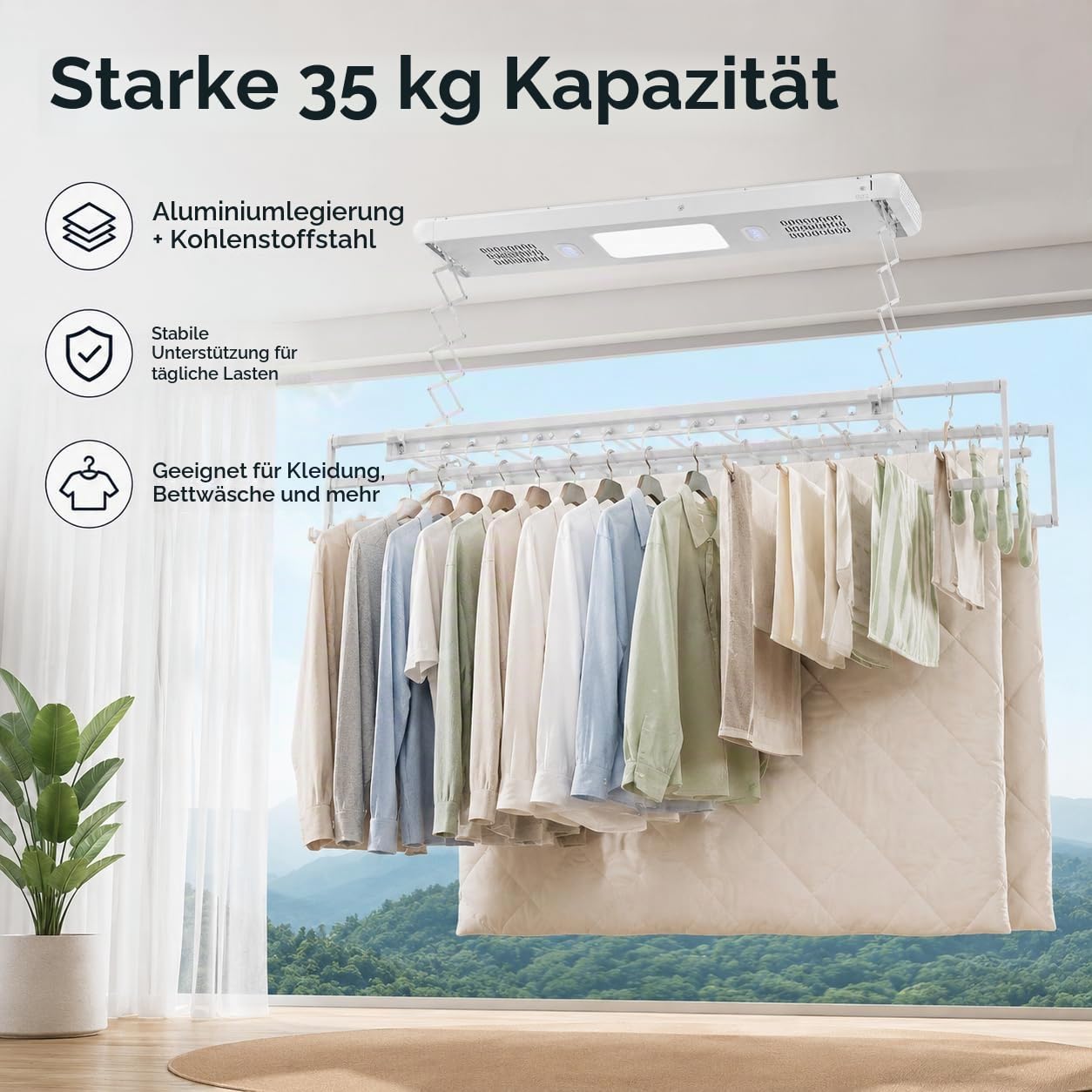 Elektrischer Wäscheständer Deckenmontage Mit Fernbedienung und LED-Licht,Verstellbare Länge und Höhe Wand und Decken Wäscheständer,Für Familien, Balkone, Wohnungen (Weiß)