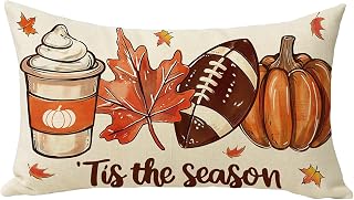Fall 'Tis The Season Lumbar Decorative Throw Pillow Cover 12 x 20 | Rectangular Autumn Football Pumpkin Maple Leaves Coffee Outdoor Home Decor, Rugby Sport Game Day Sofa Couch Cushion Case