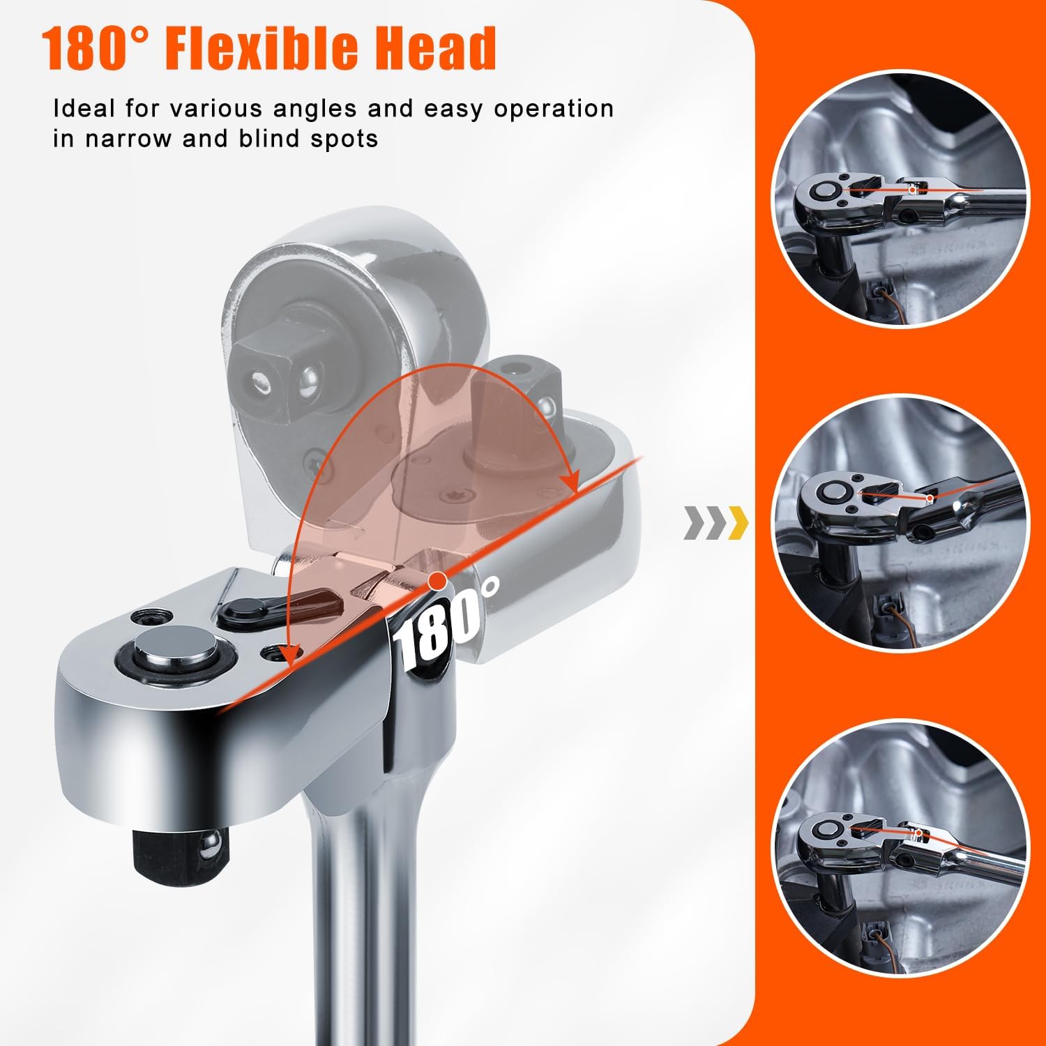 Matework 3/8" Drive Flex Head Ratchet Wrench, 17-Inch 90-Tooth Long Handle Ratchet with Quick Release and Reversible Switch, CR-V Steel, 180° Swivel Head Ratchet for Automotive, Home and DIY Repair