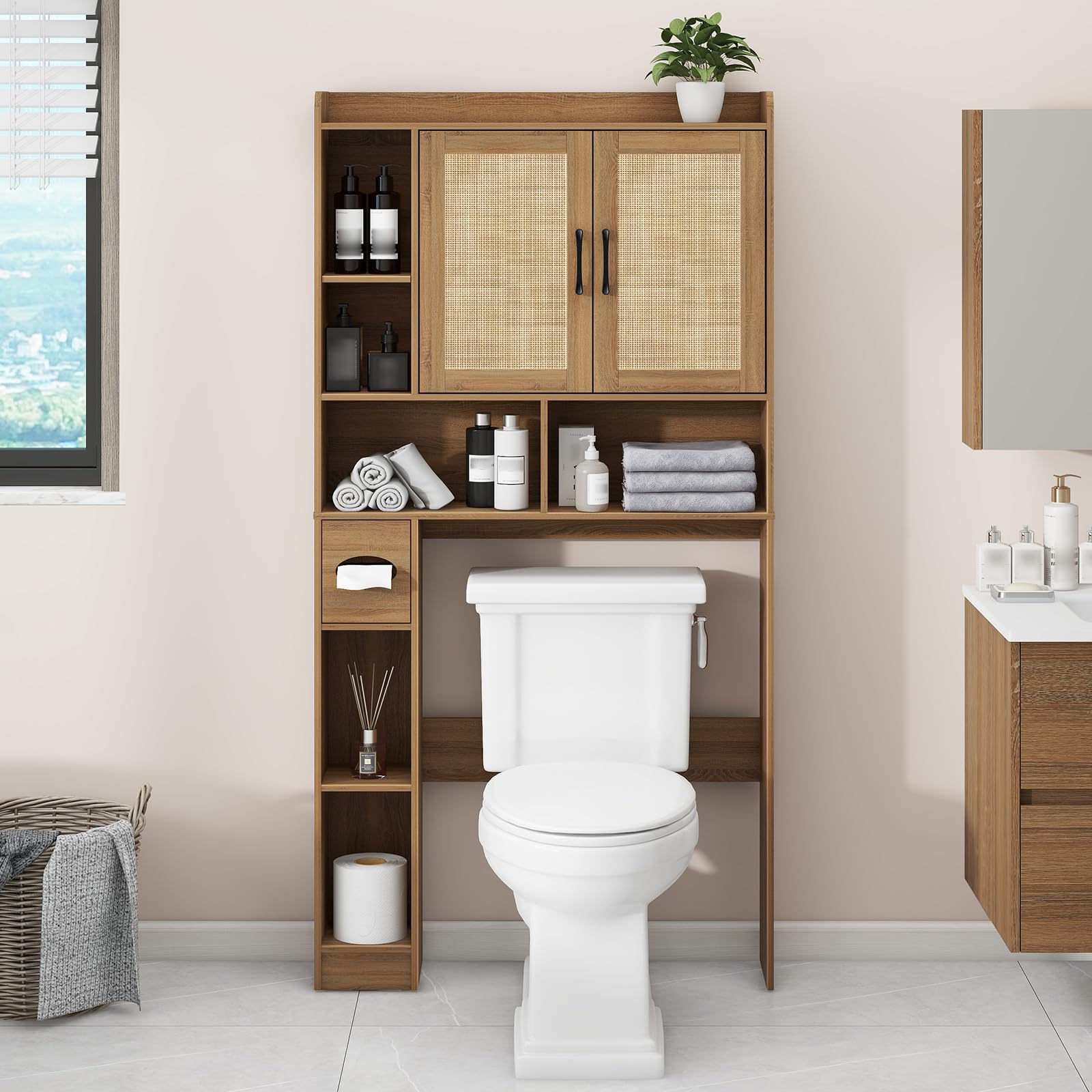 Farmhouse Rattan Storage Cabinet Over Toilet - 2 Door with Toilet Paper Holder - Space-Saving for Bathroom, Oak