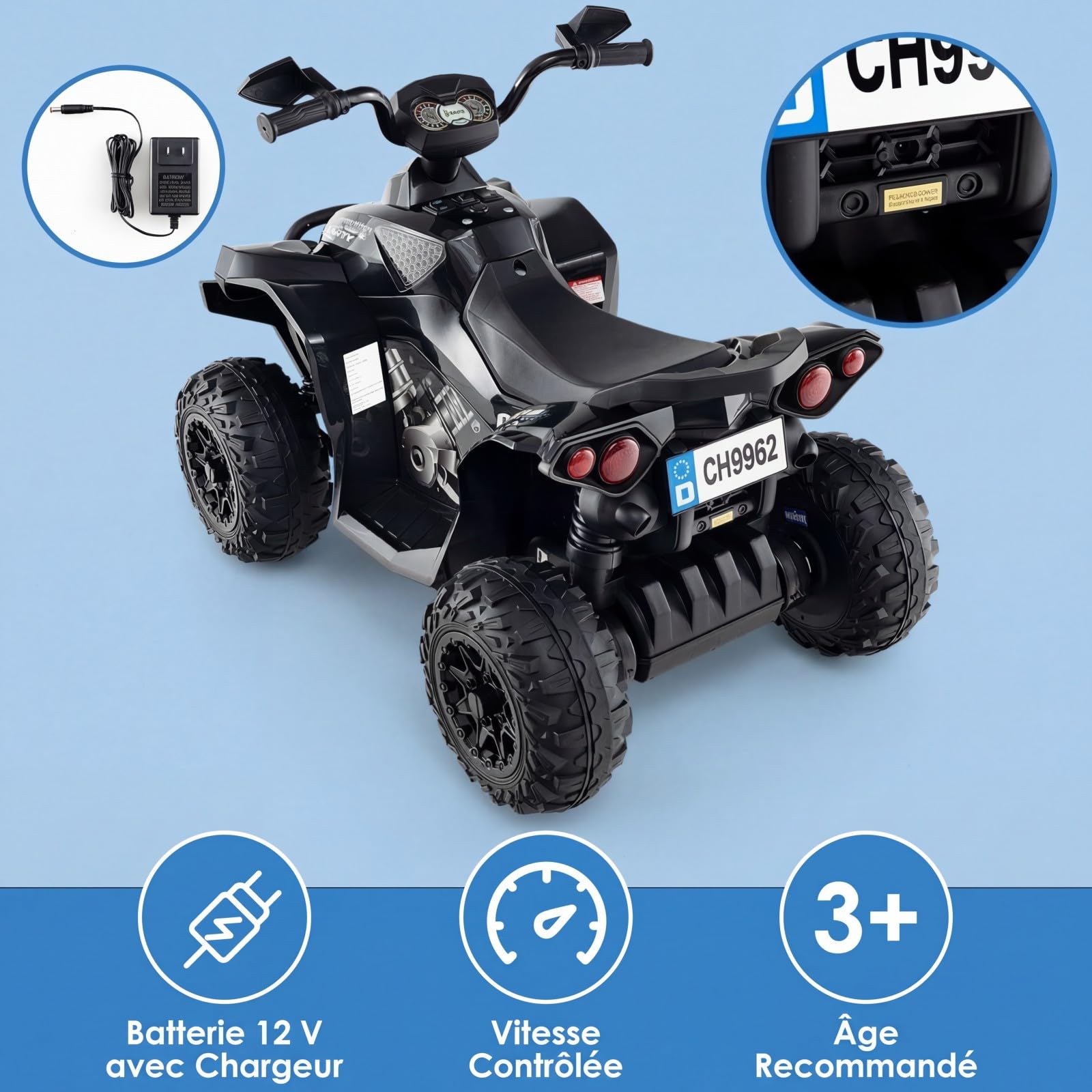RELAX4LIFE Quad électrique Enfant 12 V, Voiture Électrique Enfants avec 2 Vitesses Réglables 2,2-4,3km/h, Lumières LED, Musique, ATV pour Enfant de 3-8 Ans, Noir (Noir)