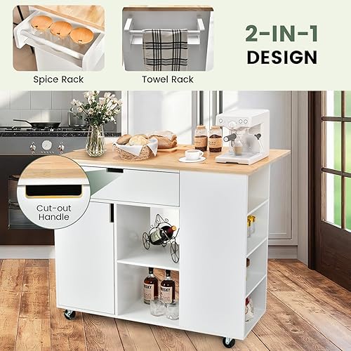 Miniatura 4 de LOKO Isla de cocina con hoja caída, carrito de almacenamiento de cocina rodante con cajón, gabinete, 6 estantes abiertos, estante de especias y