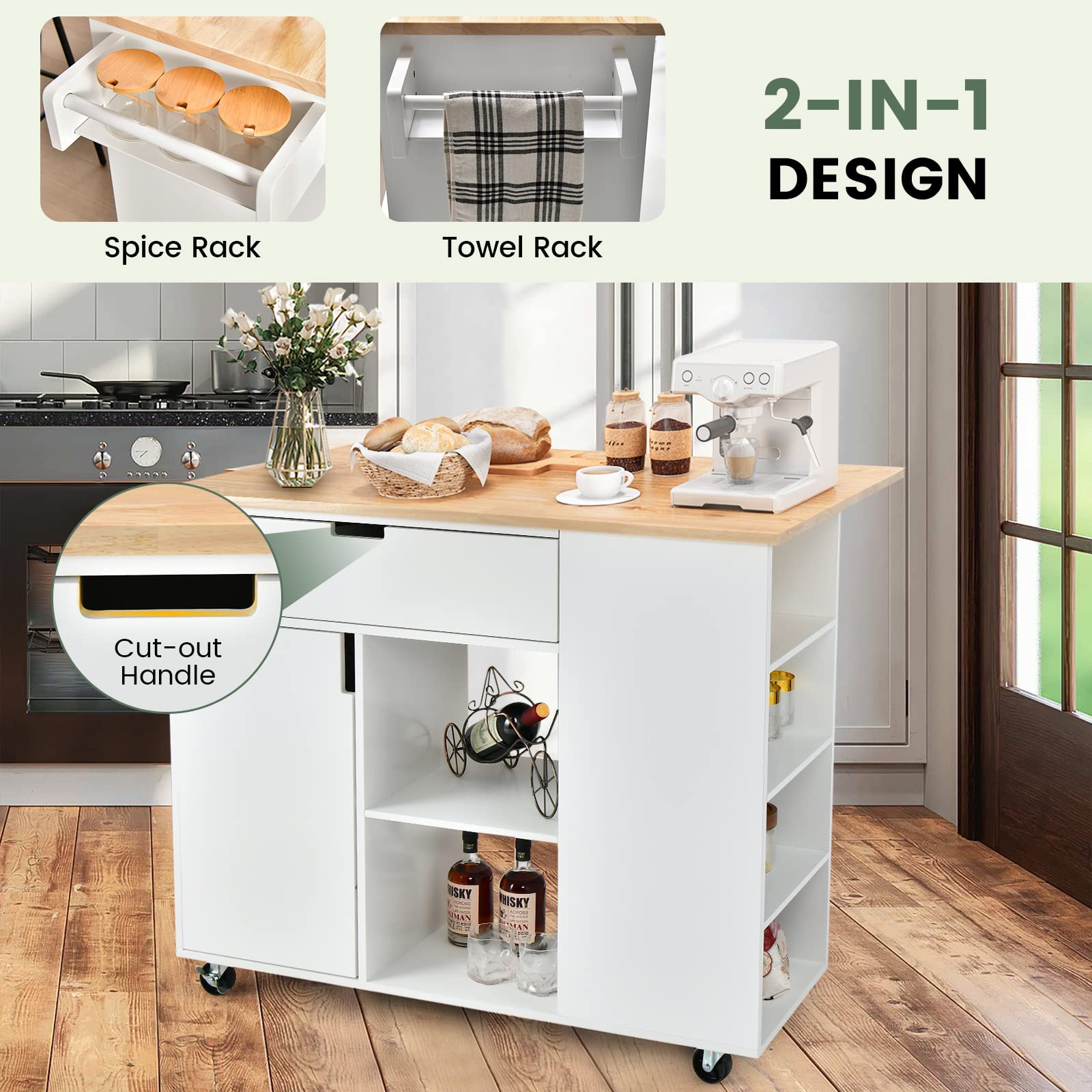 GIANTEX Carrito de Cocina con Isla, Carros de Servicio Rodante de Madera con Hoja, Cajón, Toallero y Portaespecias, Multiusos con Ruedas para Cocina y Comedor (Blanco)