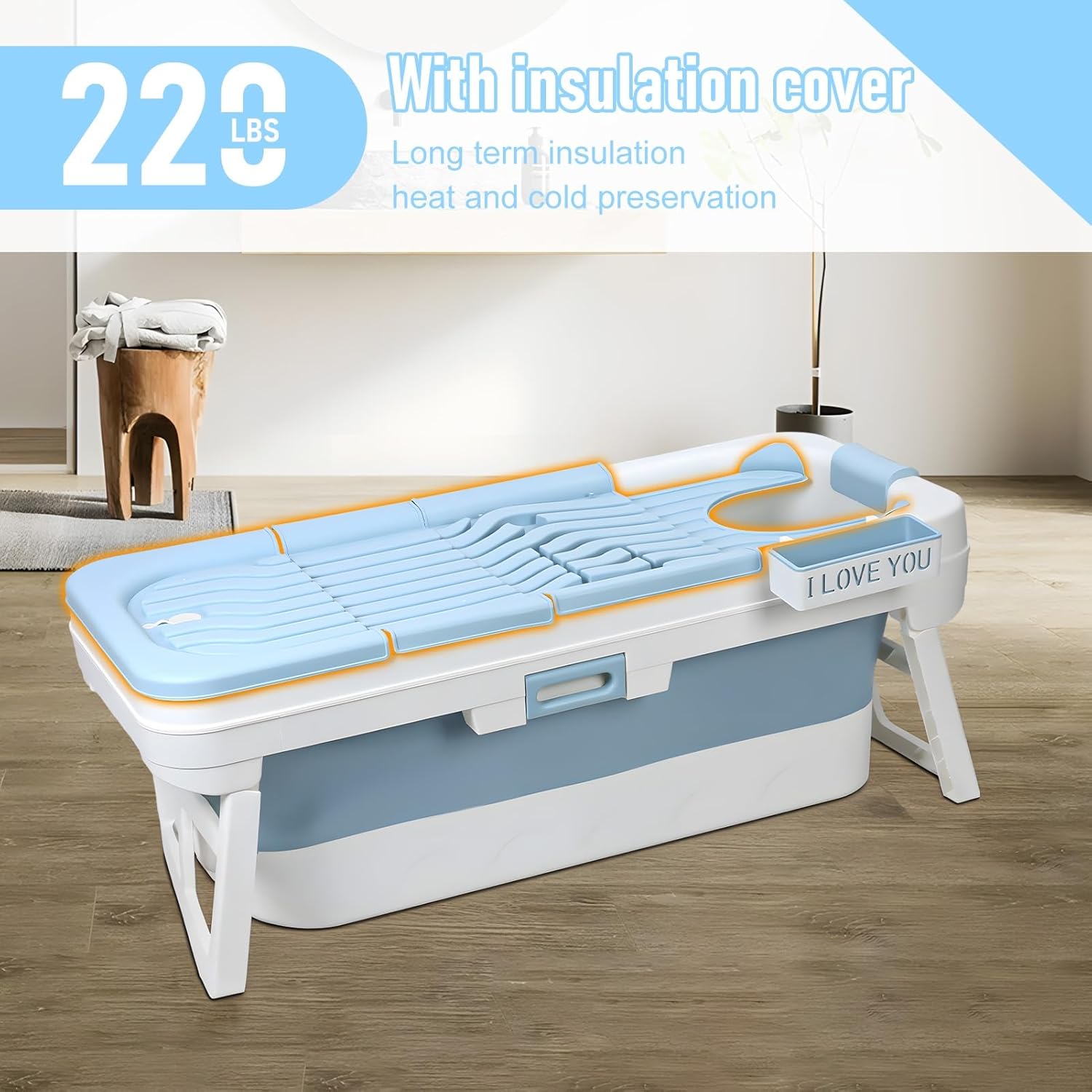 Portable Foldable Bathtub,Foldable Soaking Bathtub for Adults, Freestanding Bathtubs, Hot Bath Tub, Ice Bath, Family Bathroom SPA Tub 51x24x21inch (Panda)(Blue) Blue