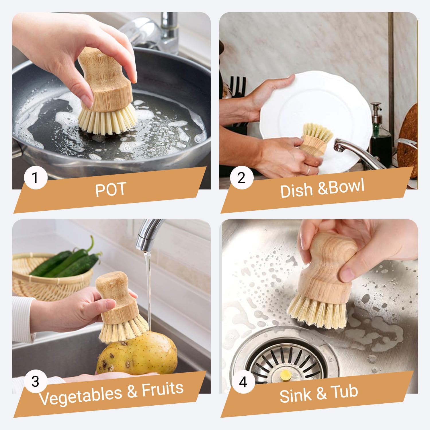 6 Packs Bamboo Dish Scrub Brushes Wooden Scrubbers Set Kitchen Dishwashing Scrubber with Natural Sisal Bristles for Cast Iron Pots, Pans, Kitchen Sink and Vegetable image 5