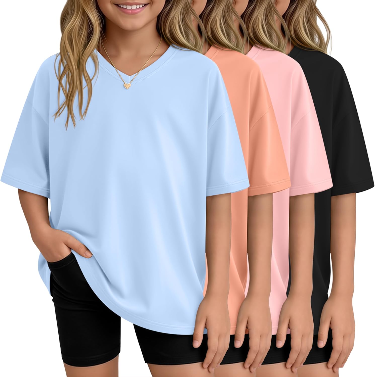 4 Pack Girls Oversized Shirts Short Sleeve Kids V Neck Drop Shoulder Tops Basic Casual Soft Solid Tees Summer