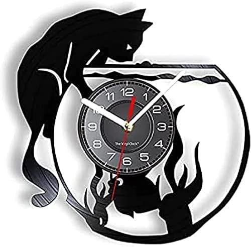 Reloj de pared de cocina, reloj de pared de cuarzo silencioso para sala de estar, gato en pecera, álbum de vinilo, reloj de disco reutilizado R