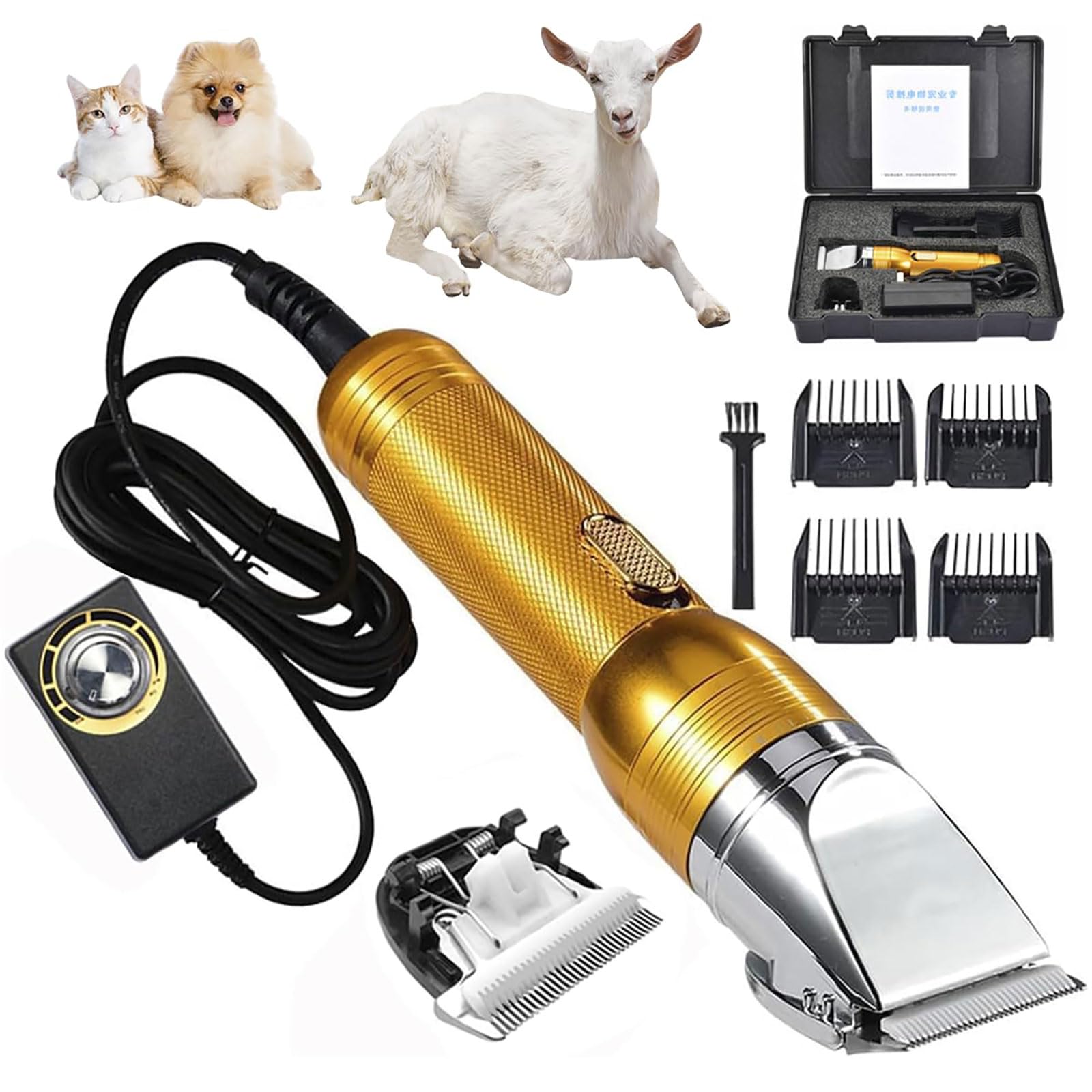 Professionelle Fellschere für Hunde, robuste elektrische Schere mit verstellbarem Klingenabstand und Begrenzungskamm für Haustiere und Nutztiere mit langem Haar