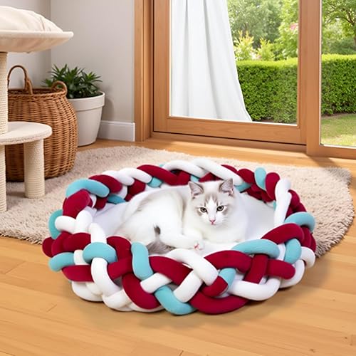 Maihandasi - Linda cesta redonda de algodón de punto bohemio para gatos, nido cálido para gatos, gatitos, cachorros y perros pequeños, cama suave y