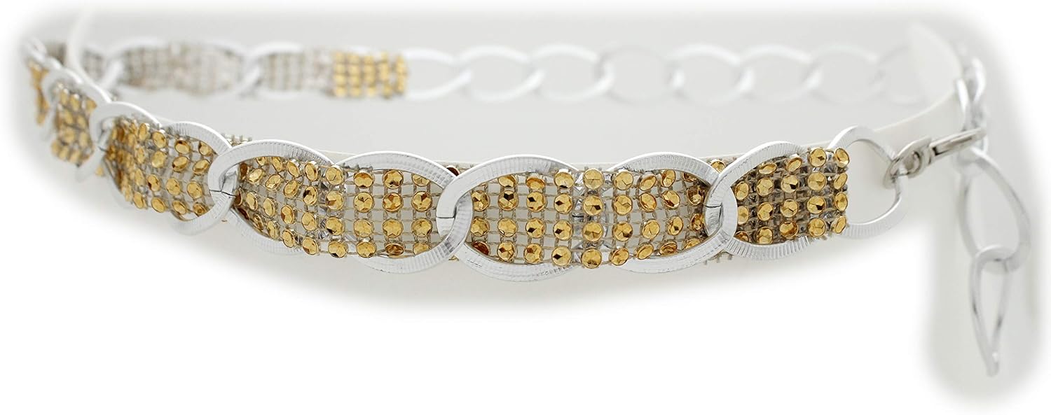 TFJ Women Fashion Belt Silver Metal Chain Links Hip Waist Gold Beads M L XL