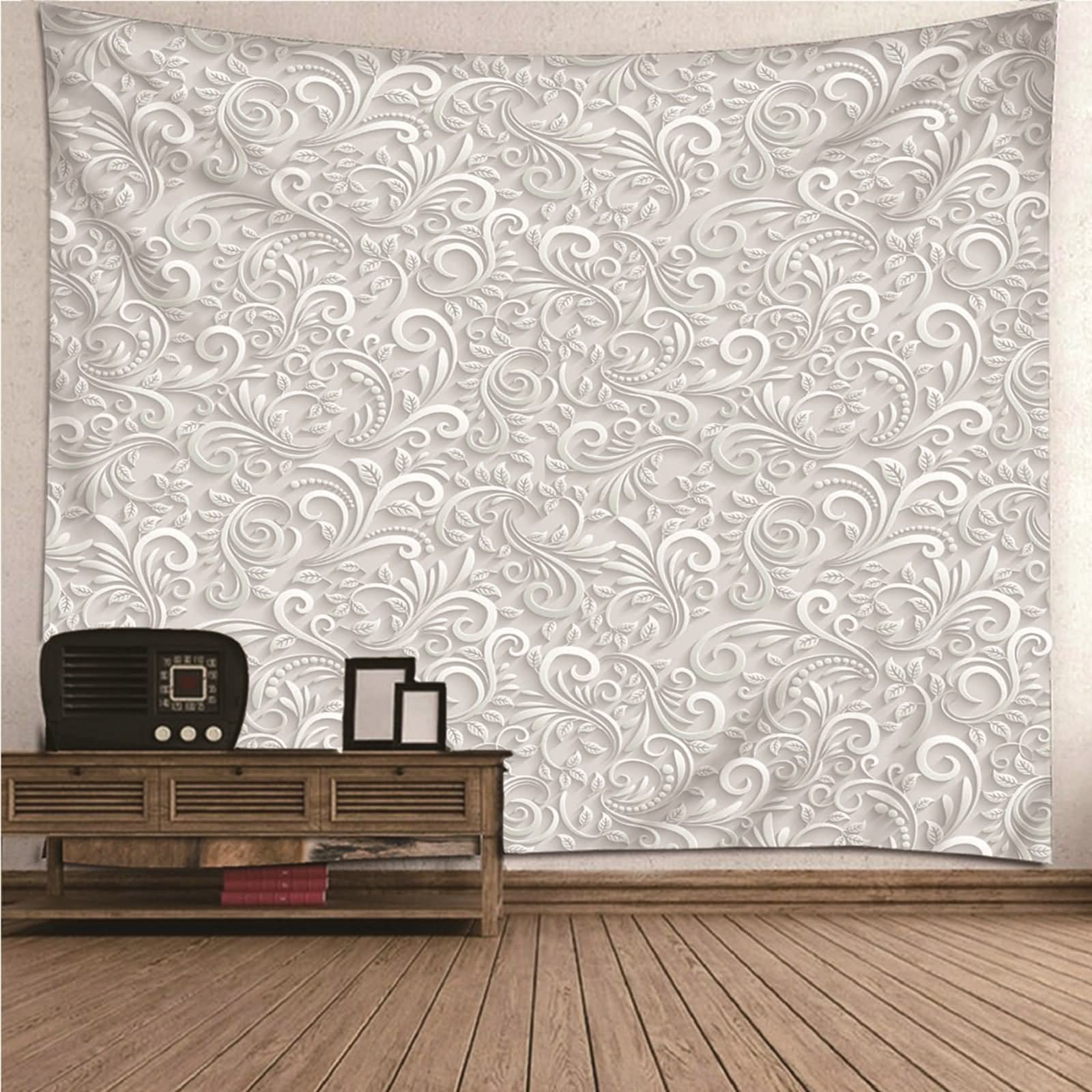 Tapiz Tela Pared Grande, Decoración Casa Pared Patrón de Filigrana de Estilo Europeo Poliéster Blanco 300x260CM