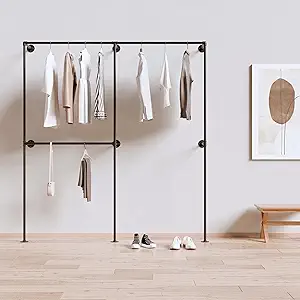 Industrial Pipe Clothing Rack, Heavy Duty Wall Mounted Clothes Rack, Retail Display Hanging Garment Rod for Laundry Rooms, Closet Storage, 14.6x75x82.7 Inches, Model K02