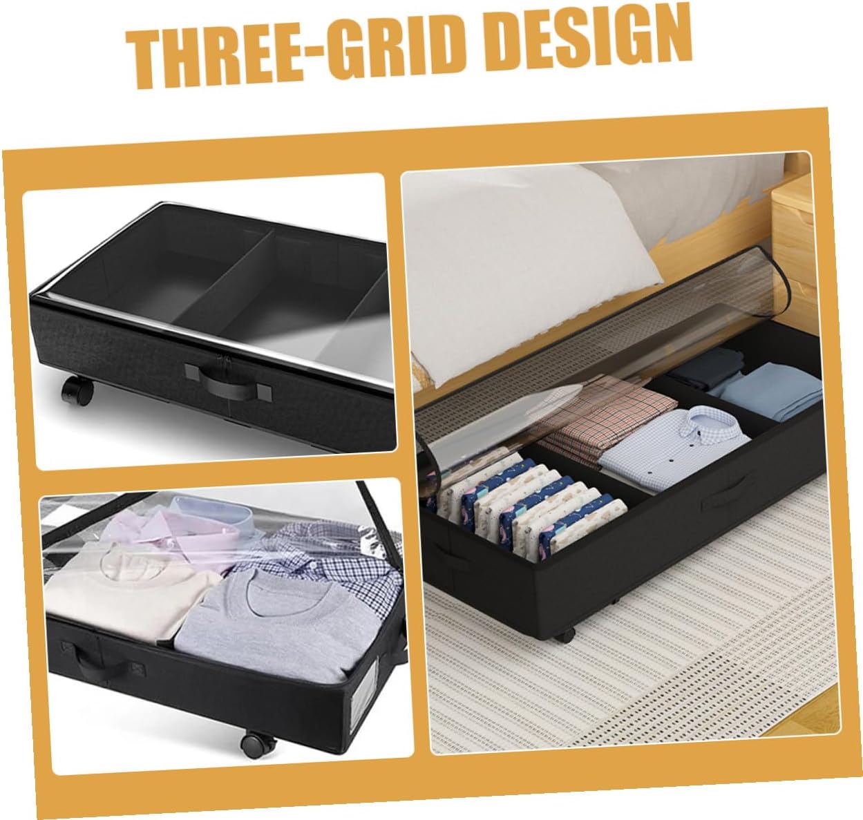 FUOYLOO Bed Storage Organizer with Wheels, 3-grid Oxford Cloth Clothes Box, Large Capacity Dustproof Storage Cart for Bedding, and Sheets