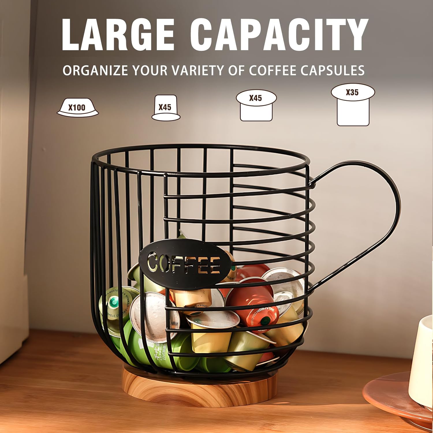 Coffee Pod Holder, 45+ Large Capacity Wire K Cup Storage Organizer with Solid Wood Base, Anti-Slip Coffee Capsule Holder for Kitchen Bar Counter, Compatible with K-Cups/Nespresso Espresso Capsules