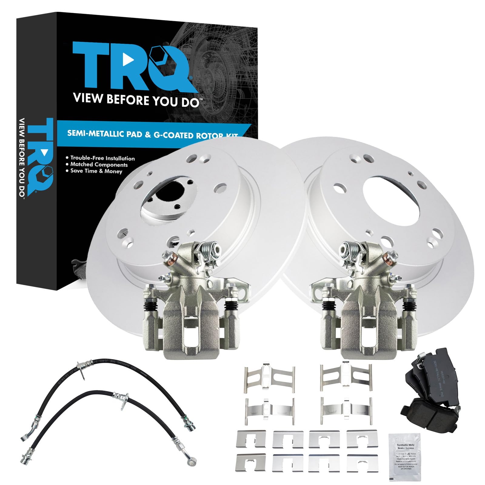 TRQ Rear Brake Pad and Rotor Set Semi Metallic Coated Rotors Calipers Compatible with 2013-2015 Acura ILX 2012-2015 Honda Civic