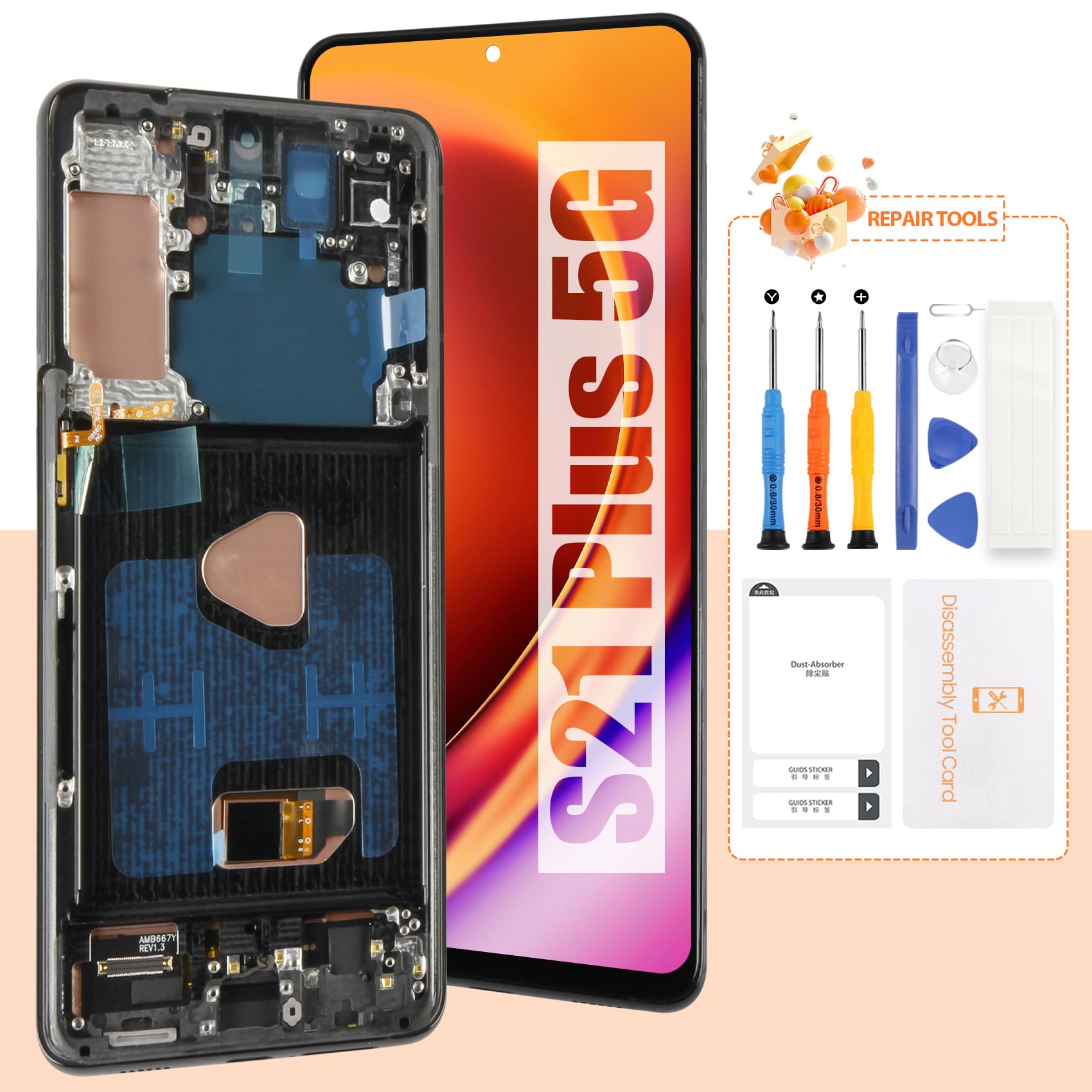 AMOLED Screen for Samsung S21+ Screen Replacement S21 Plus LCD Screen SM-G996U,SM-G996B Touch Display Digitizer Assembly Repair Parts with Frame(with