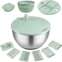Salad Spinner Stainless Steel, 5.3-Quart Lettuce Washer Spinner for 2&ndash;3 Servings, Large Vegetable&amp;Fruit Wash Bowl with Strainer, Includes 5-Blade Slicer &mdash; Perfect Salad Making Tool for Healthy Eaters