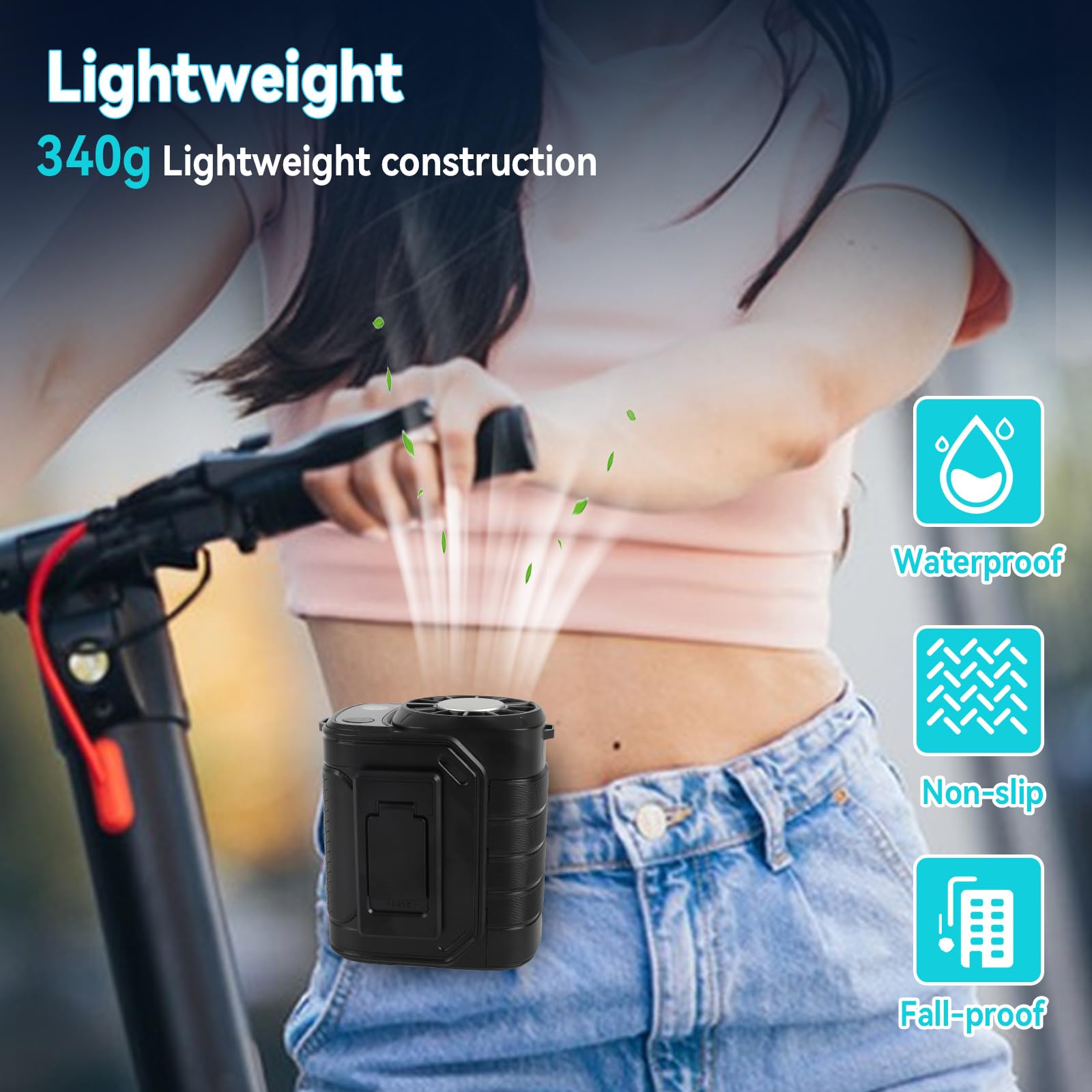 Ventola di raffreddamento personale portatile indossabile con clip in vita, 13000 giri/min, 5 velocità regolabili, ventilatore da cintura con semiconduttore rapido e luce a LED per vita e collo