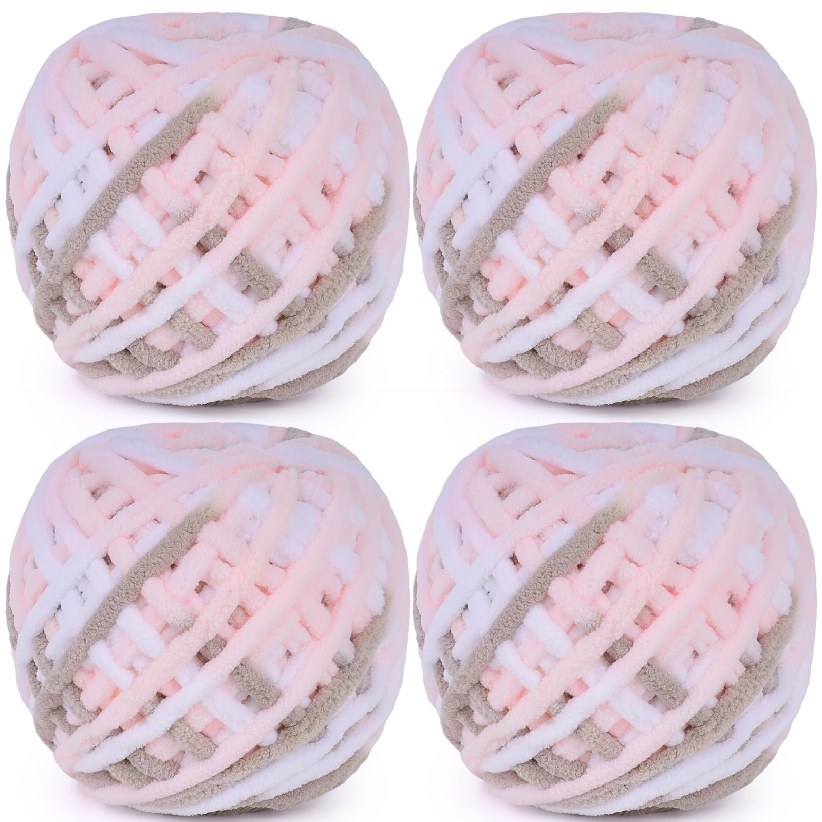 Aeelike Chunky Yarn 400g, 4 Pack Chunky Wool for Knitting 100g Balls, Soft Fluffy Velvet Thick Knitting Wool Ombre Yarn for Crochet Blankets, Scarves and Amigurumi (Light Pink Coffee-White)