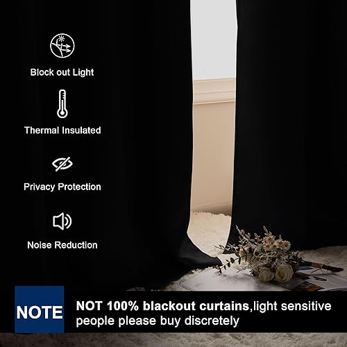 Miniatura 2 de Hiasan Cortinas opacas negras para ventanas pequeñas, 52 x 45 pulgadas de largo, bolsillo para barra y pestaña trasera, aislamiento térmico y ahorro