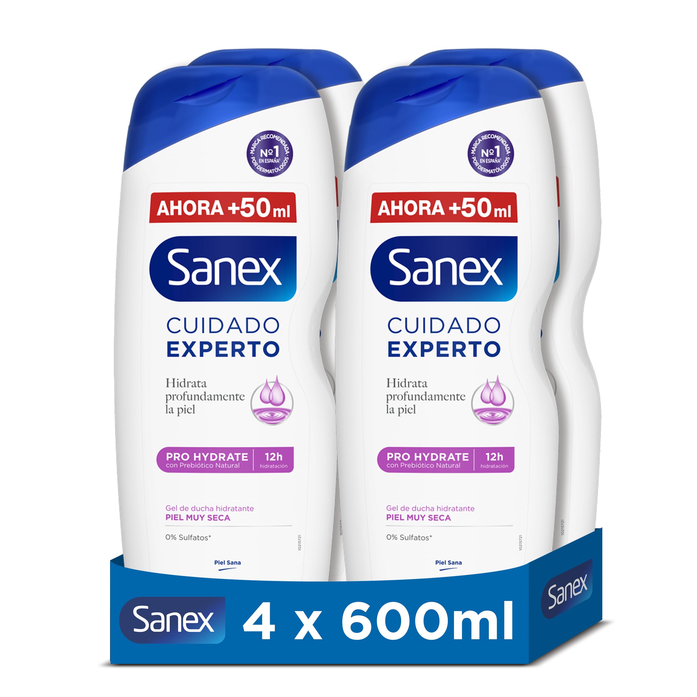 Sanex Cuidado Experto Pro Hydrate Gel de Ducha, Pack 4 Uds x 600ml, Fórmula con Prebiótico Natural, Hidrata Profundamente la Piel, 12H Hidratación, 0% Sulfatos, para Piel Muy Seca