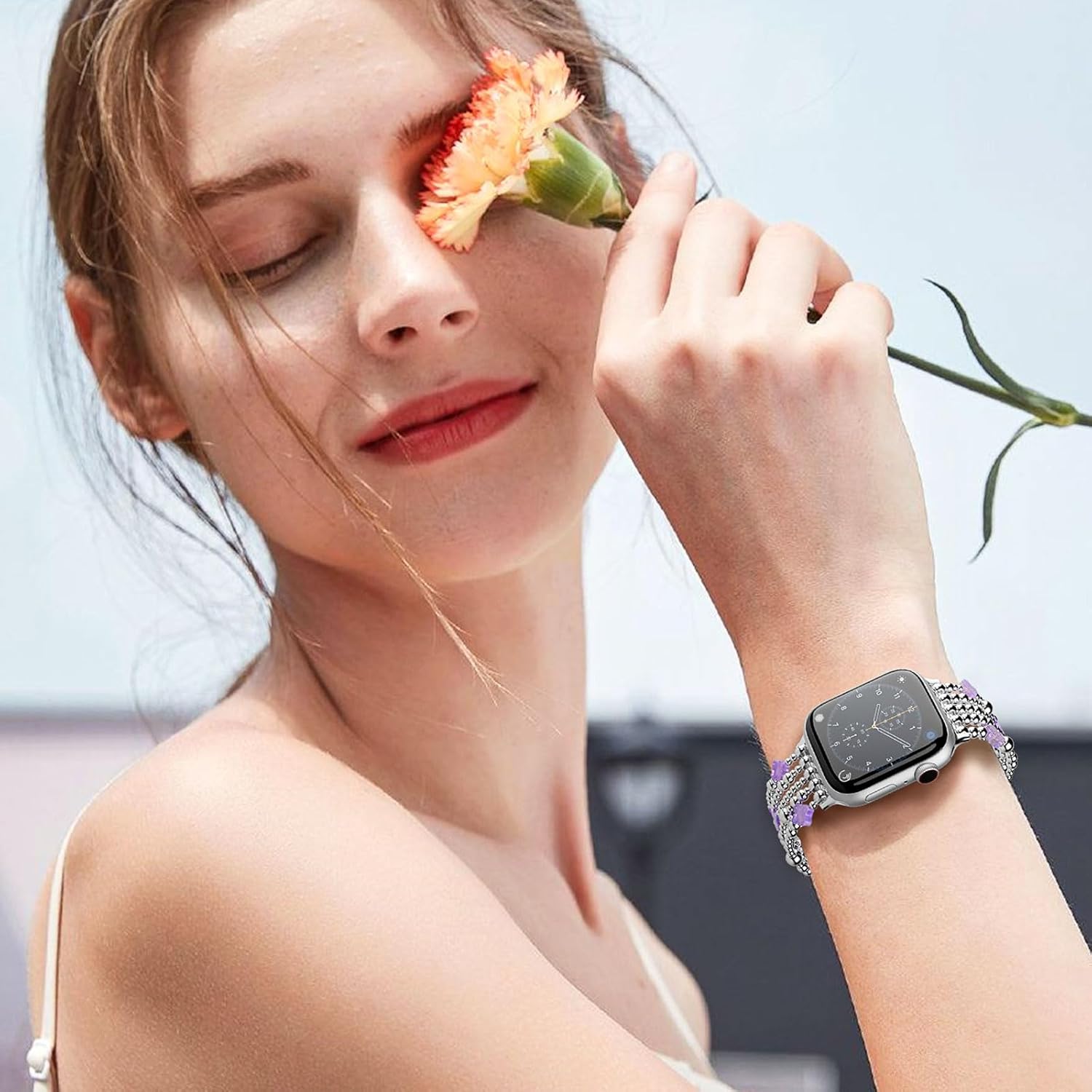 Silvery Metal Beaded Bracelet Compatible with Apple Watch Band 38mm/40mm/41mm Series 10 9 8 7 SE Women, Fashion Simple Amethyst Lucky Clover Handmade Stretch Strap for iWatch Series SE（Silver&Violet/38M） - Image 5