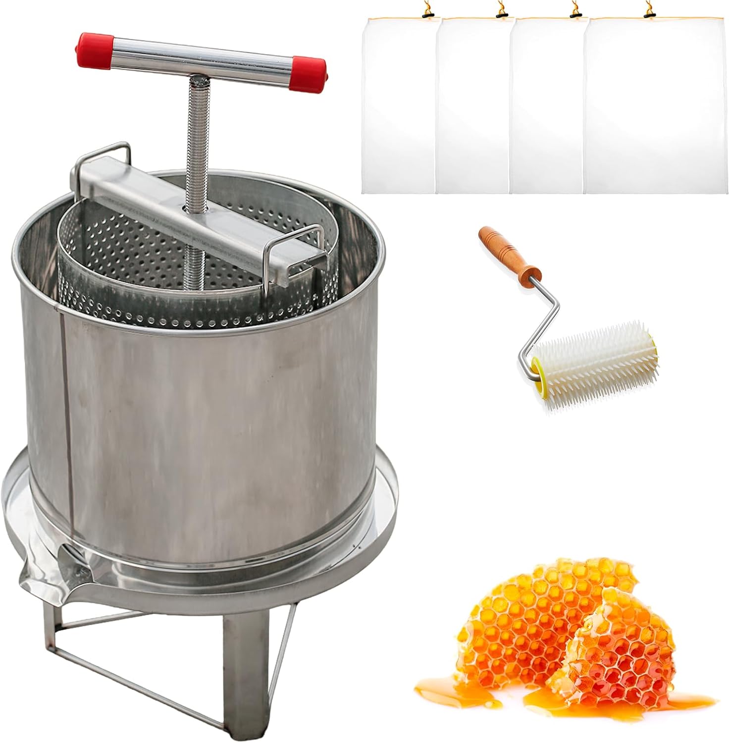 Honey Press Extractor Machine, Stainless Steel Honey Spinner Extractor Manual, Uncapping Needle Roller, 4 PCS Mesh Honey Strainer Bag, Honey Extraction Equipment for Wine Honey and Juice Making