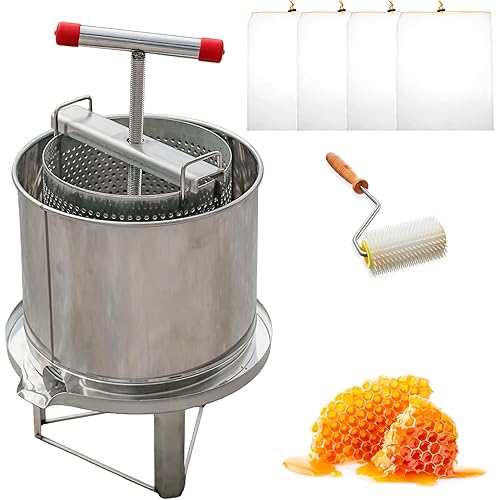 Honey Press Extractor Machine, Stainless Steel Honey Spinner Extractor Manual, Uncapping Needle Roller, 4 PCS Mesh Honey Strainer Bag, Honey Extraction Equipment for Wine Honey and Juice Making