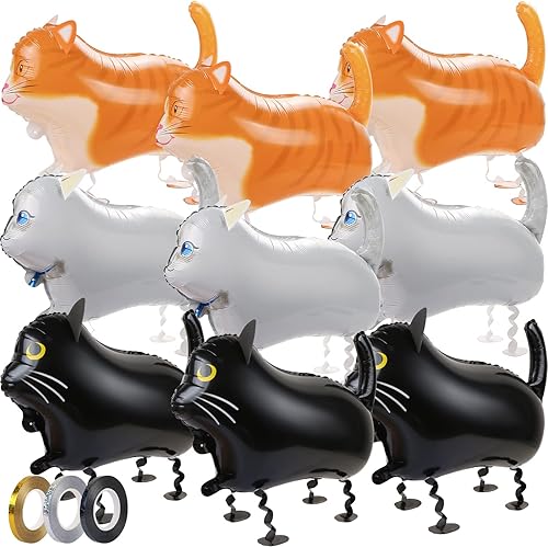 CCOZN 9 globos de gato caminante con 3 cintas, globos largos de aluminio de Mylar para decoraciones de fiesta de cumpleaños con temática de gatos