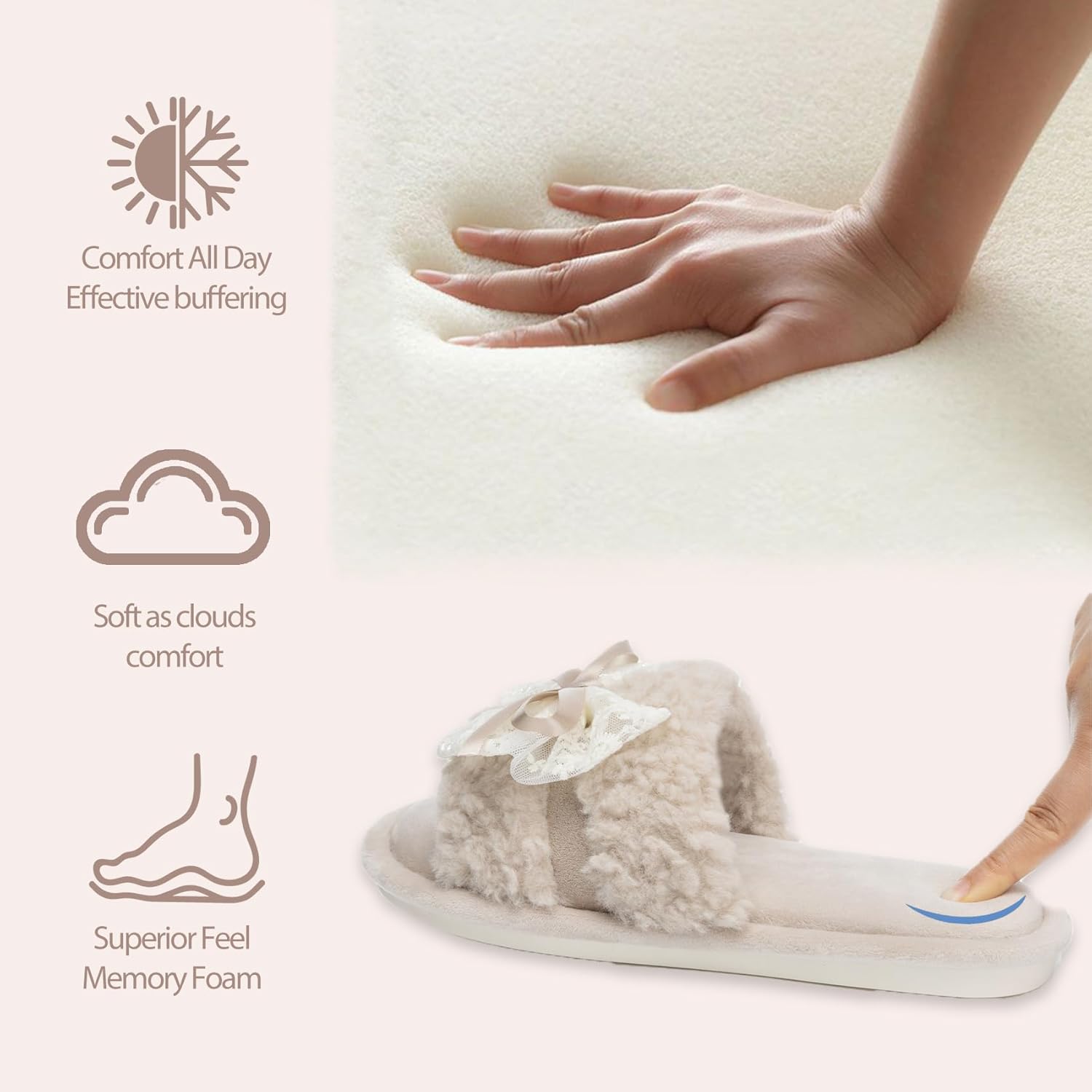 Women's Open Toe Memory Foam Slippers - Cute Fuzzy House Shoes with Lace Bow, Soft Plush Slides for Indoor Comfort, Cozy Non-Slip Gift Gifts for Women Mom Ladies - Image 3