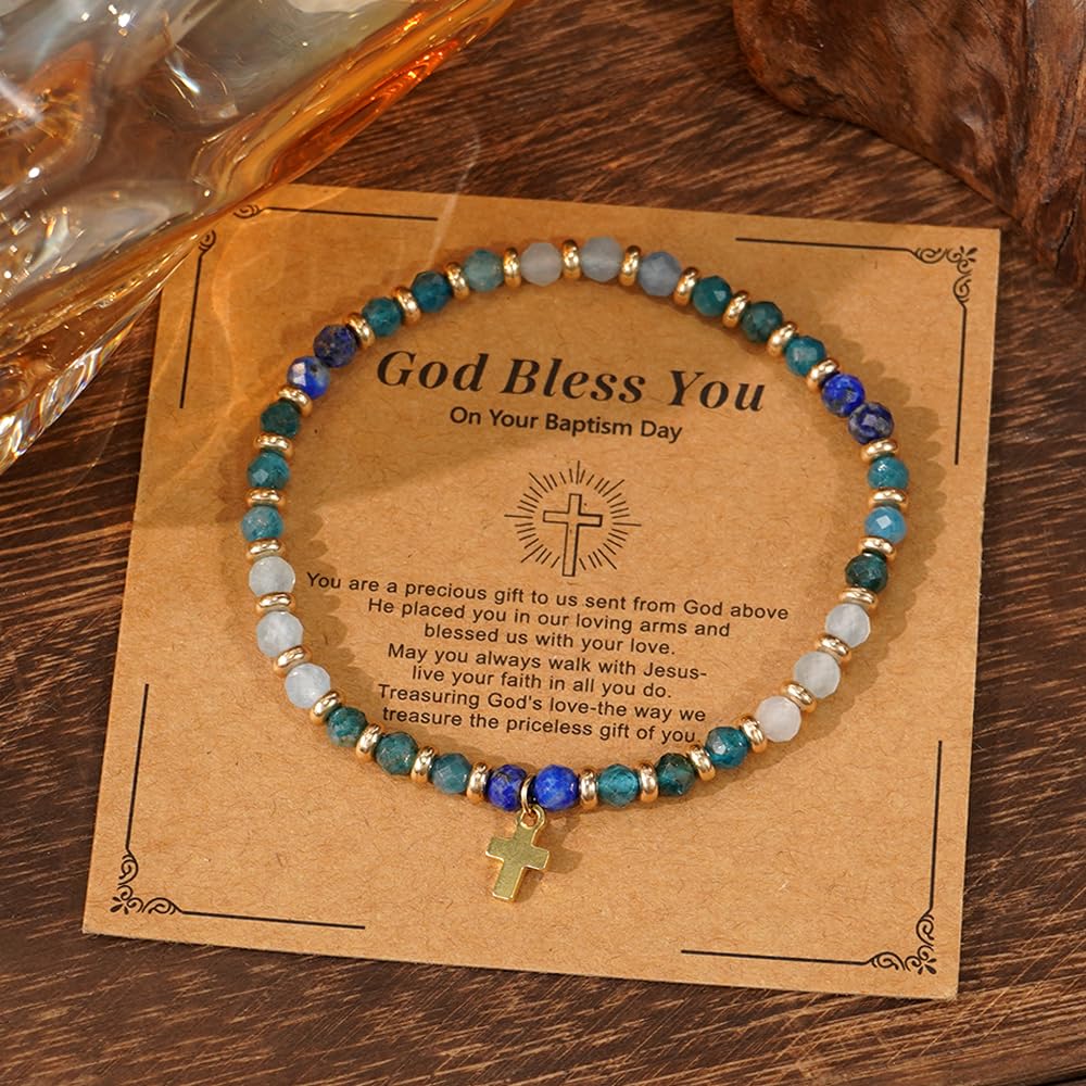 Christian Cross Beaded Stretch Bracelet for Women,Handmade Inspirational Azurite Indigo Natural Energy Stones Bracelet Christian Religious Meaningful Jewelry Gift - Image 5