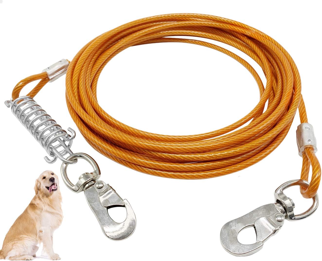 Extra Thick Dog Cable, 50ft Dog Chain for Outside with Shock Absorbing Spring Stainless Steel Rotating Clips and Reflective Anti-Rust…