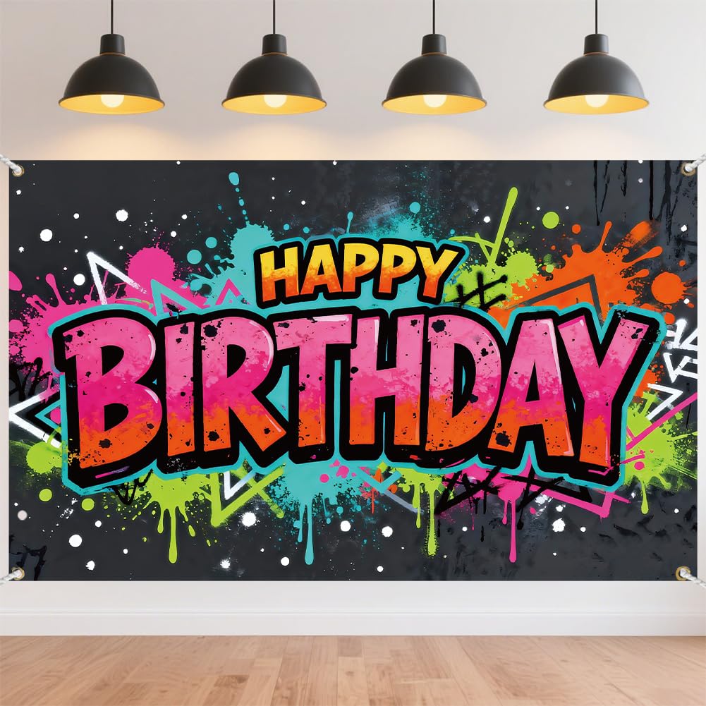 CRAFTYMELODY Graffiti Happy Birthday Banner 72×44 Inch Urban Street Art Birthday Party Backdrop Decoraiton Wall Banner Indoor Outdoor with Grommets 3.2 Yard String for Photo Booth Party